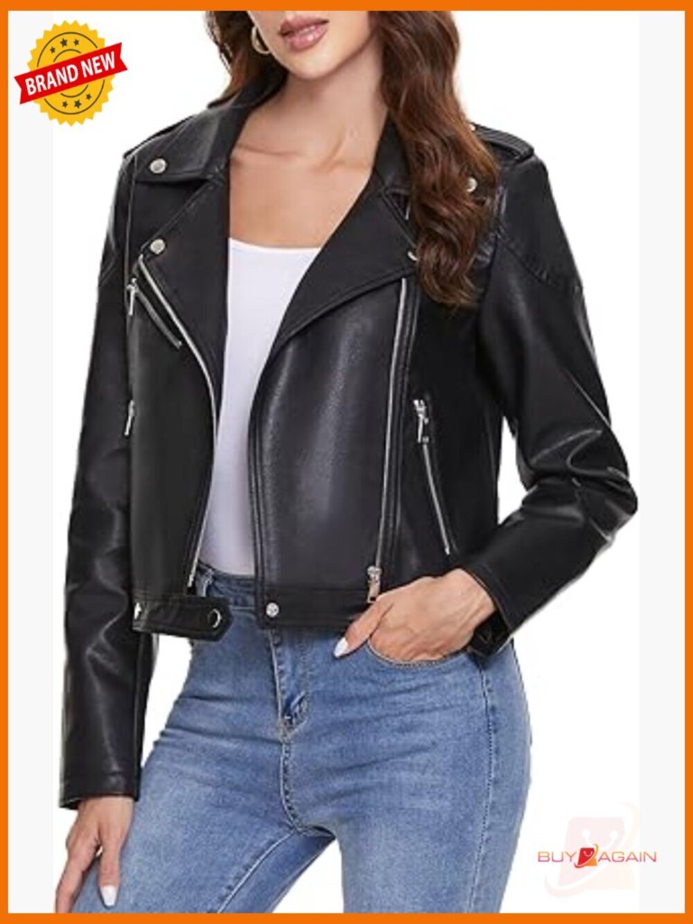 Faux Leather Motorcycle Jacket, Zip Up Moto Biker Coat, Fitted Slim Outerwear